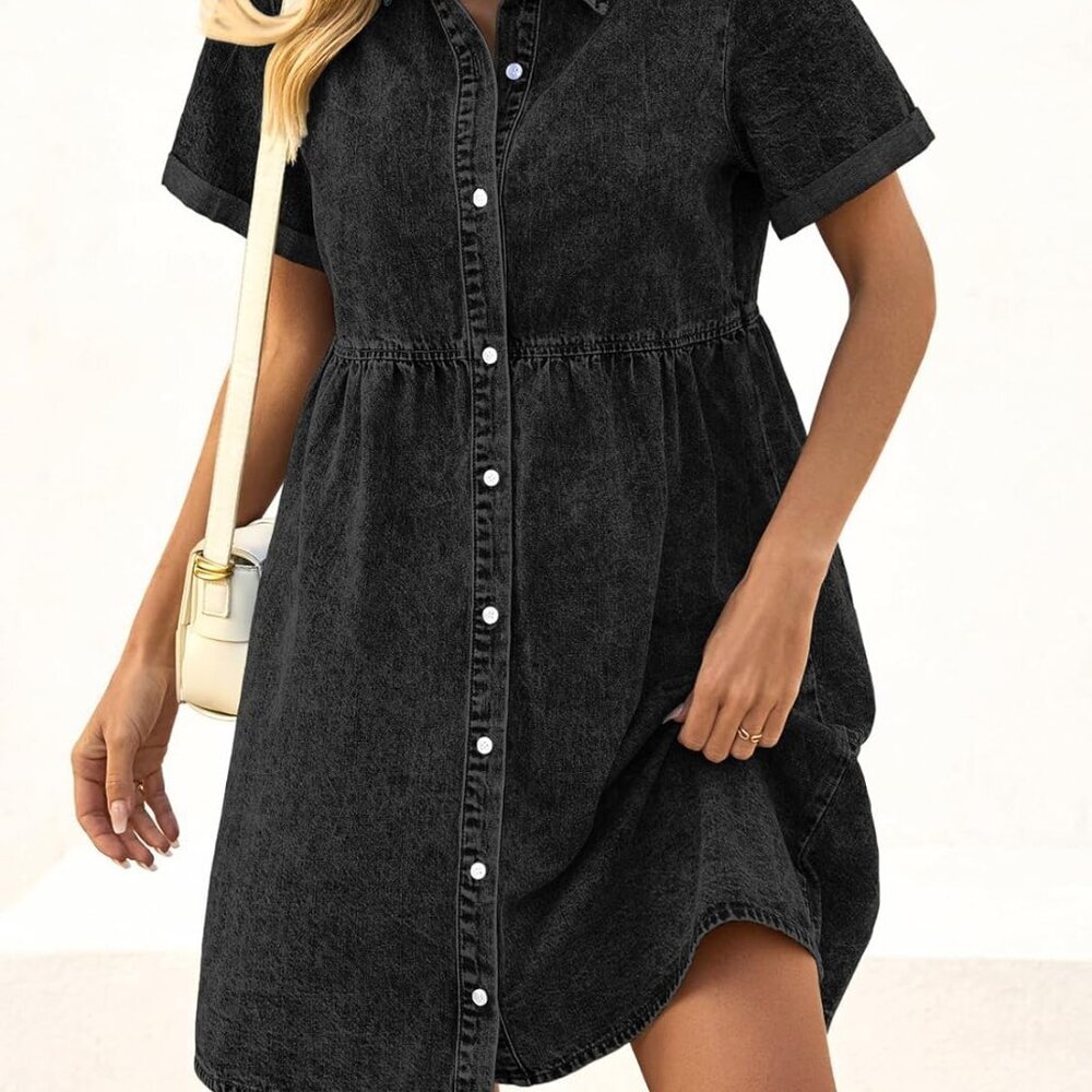 Women's Denim Dress Cotton Short Sleeve Casual Tiered Babydoll - Picture 4 of 5